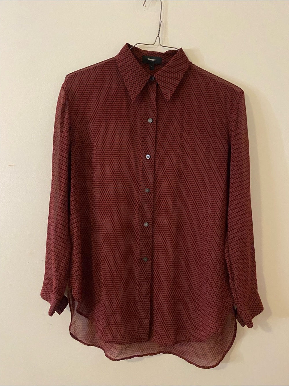 Theory Silk Burgundy and Black chiffon button up oversized Blouse